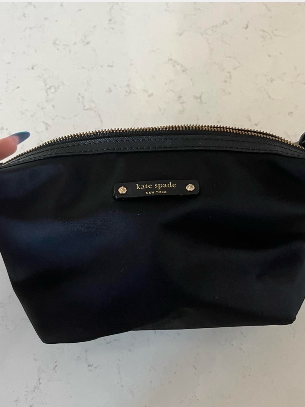 kate spade black nylon zip cosmetic pouch with gold-tone zipper
